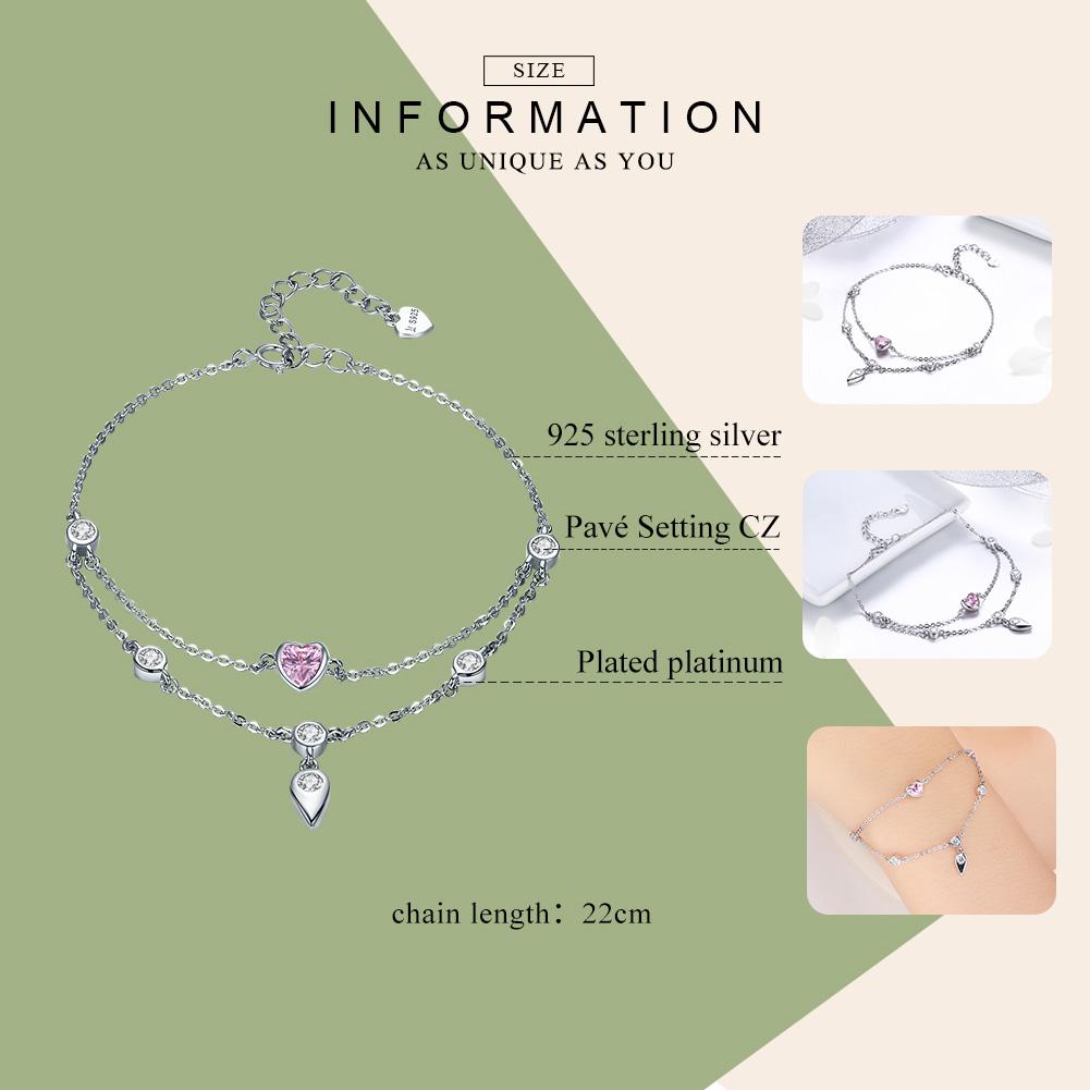 BAMOER Romantic New 925 Sterling Silver Sweet Heart Pink CZ Double Layers Bracelets