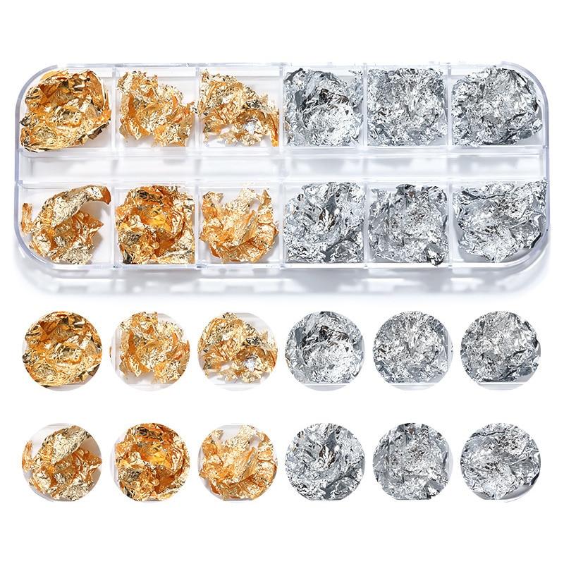 12 сеток/коробка, металлическая фольга для ногтей, алюминиевая бумага, украшения для дизайна ногтей, золото, серебро, розовое золото