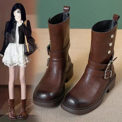 Круглая пряжка ремня, ботинки-локомотивы, новая мода, универсальные, средний толстый каблук, короткие ботинки, ковбойские ботинки в западном стиле