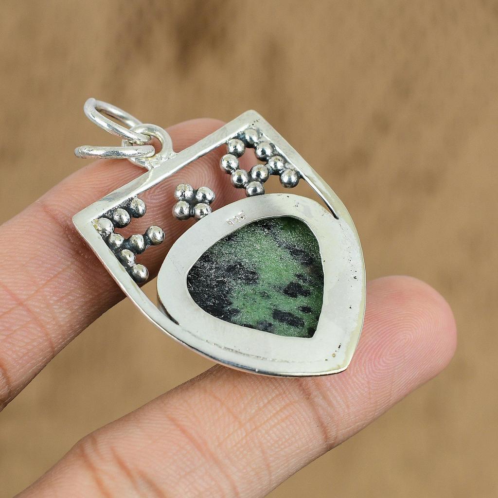 Подарок на день рождения для нее Подвеска с натуральным рубином и цоизитом из драгоценного камня, стерлинговое серебро 925 пробы