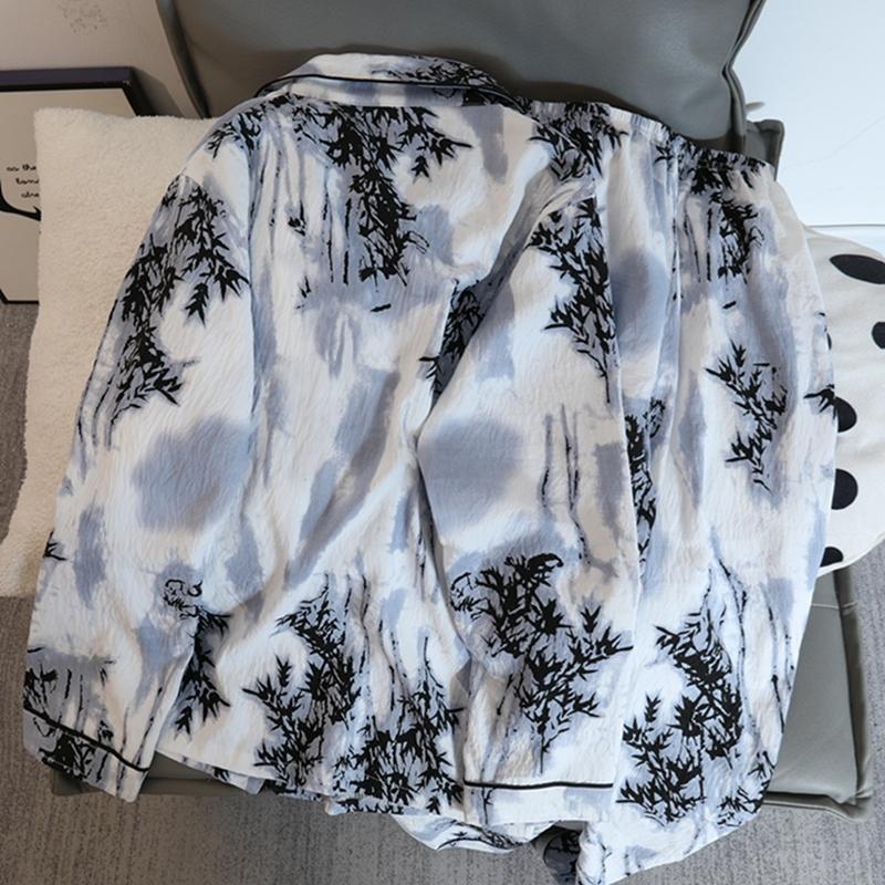 Women's Pajamas Set Sleepwear Autumn 2 PCS Long Sleeve Tops and Pants Faux Cotton Soft Casual Bamboo Printing Homewear Outfits