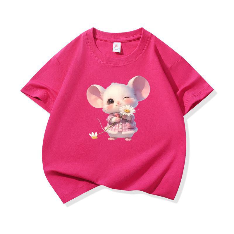 Kids Cotton T Shirt Little Mouse With Daisy Flower Print Crew Neck Short Sleeve Tee Casual Boys Girls Summer Tops