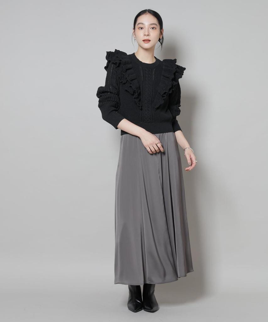 Nano Universe Ruffle Cable Knit F Women's Pullover, 010, Black, 669-5222324