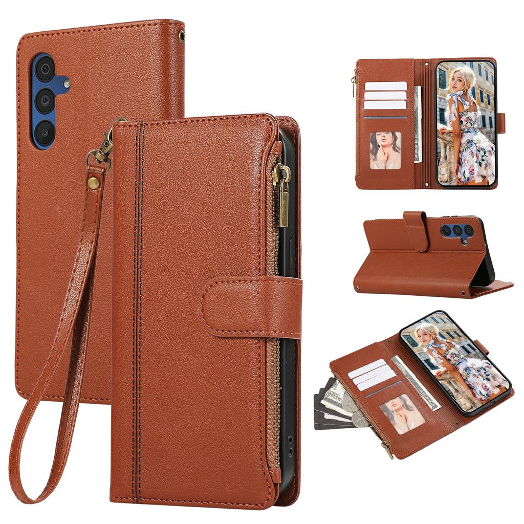 For Samsung Galaxy A35 5G Case Multi Card Slots Zipper Leather Phone Cover with Wrist Strap
