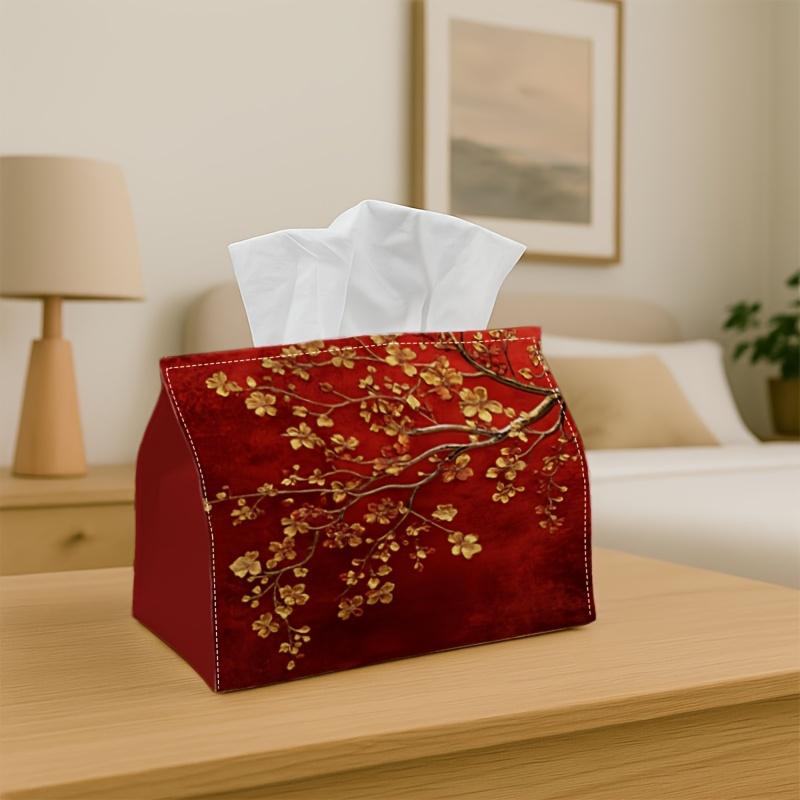 1pc Asian Elegant Tissue Box Holder & Napkin Dispenser - Floral Red Golden Suitable for Home, Car, Party Decor, Table Centerpiece, Durable Polyester F