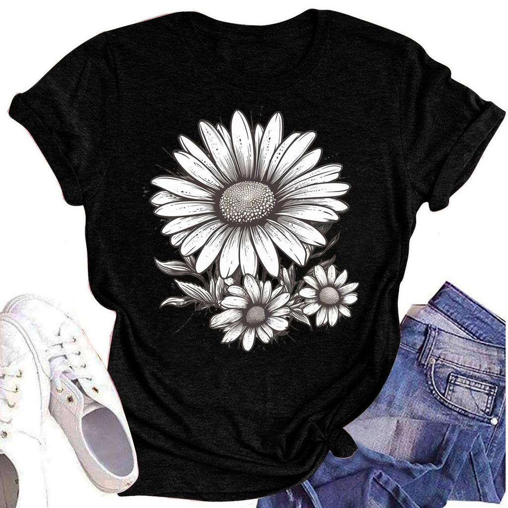 Женская повседневная футболка с круглым вырезом и цветочным принтом, короткий рукав