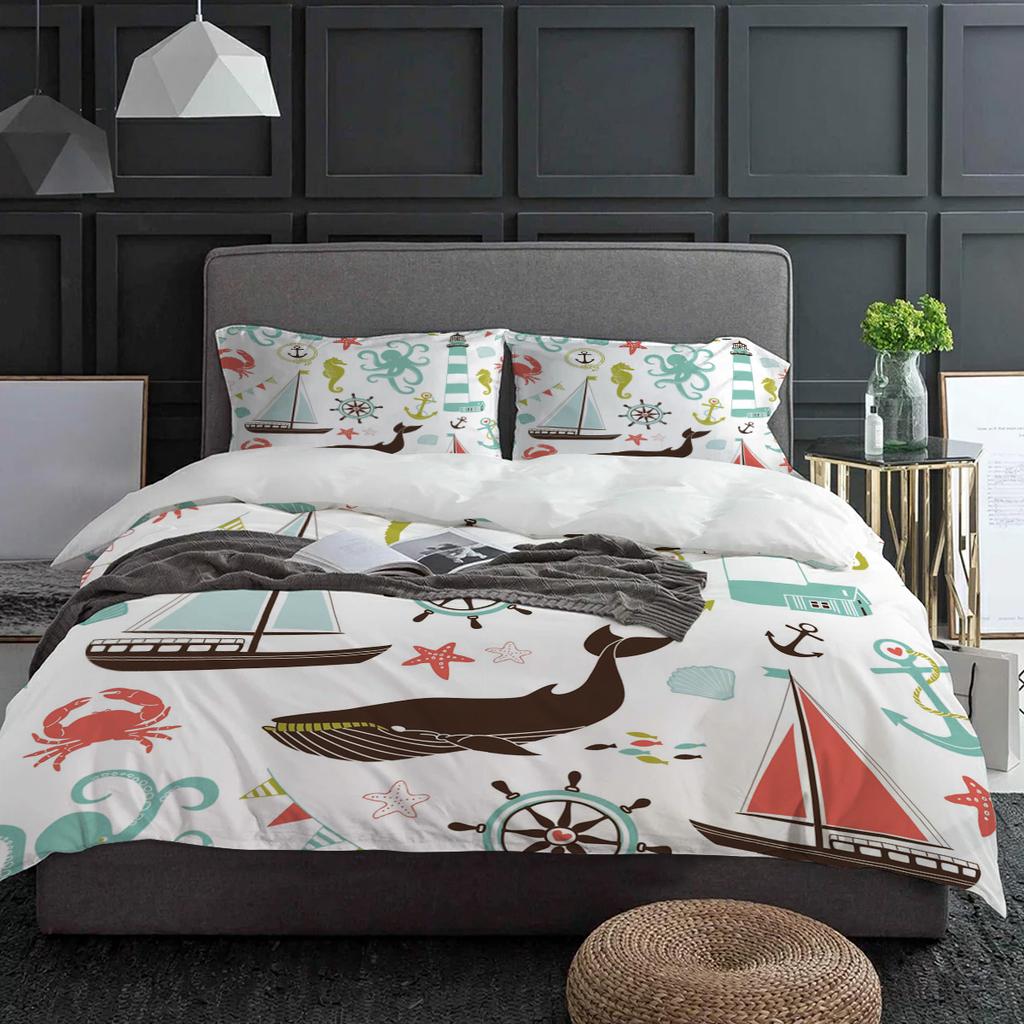 Китовый Парусный Осьминог Морской конёк Маяк Пододеяльник с наволочкой 3 предмета Комплект постельного белья Покрывало Двуспальная кровать Домашний текстиль