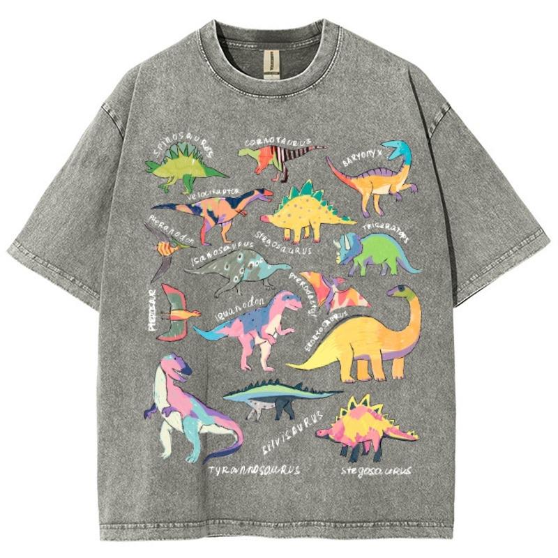 Color Cartoon Dinosaur Print Ladies T-Shirt Oversized Loose Wash Solid Color Short Sleeve American Retro Top