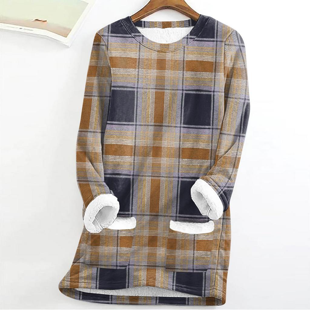 Women's Fashion Plaid Print Round Neck Long Sleeve Plush Winter Warm Pullover Top