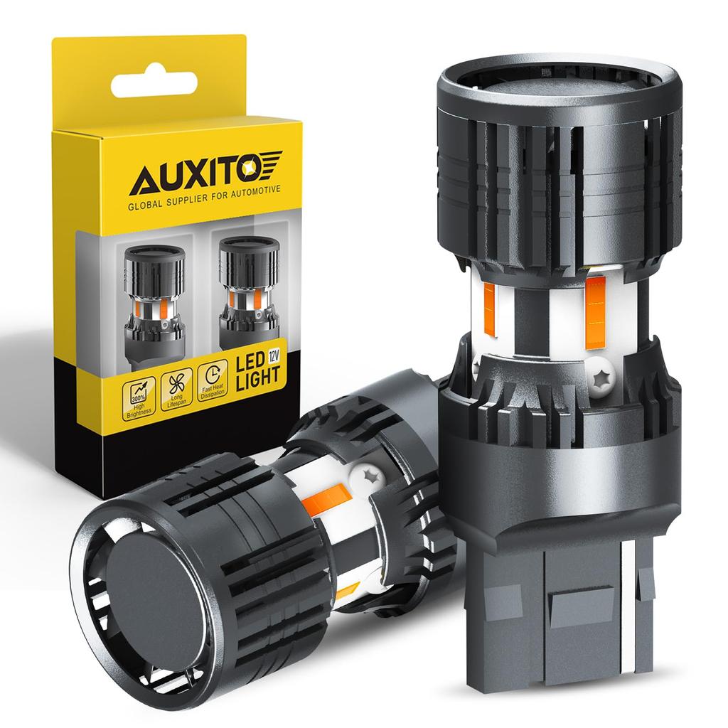 AUXITO T20 LED Turn Signal Bulbs with T20 Latest Model with Cooling Single Prevention Vehicle Inspection Compliant Pinch, 2-Piece Set, Fan, Amber,
