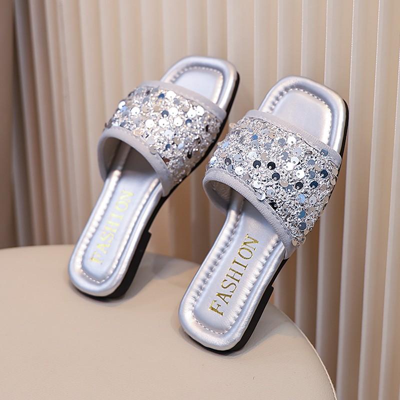 Тапочки с блестками для девочек, модные детские туфли на плоской подошве, тапочки принцессы, мягкая подошва, нескользящая, детская летняя пляжная обувь, размер 26-36