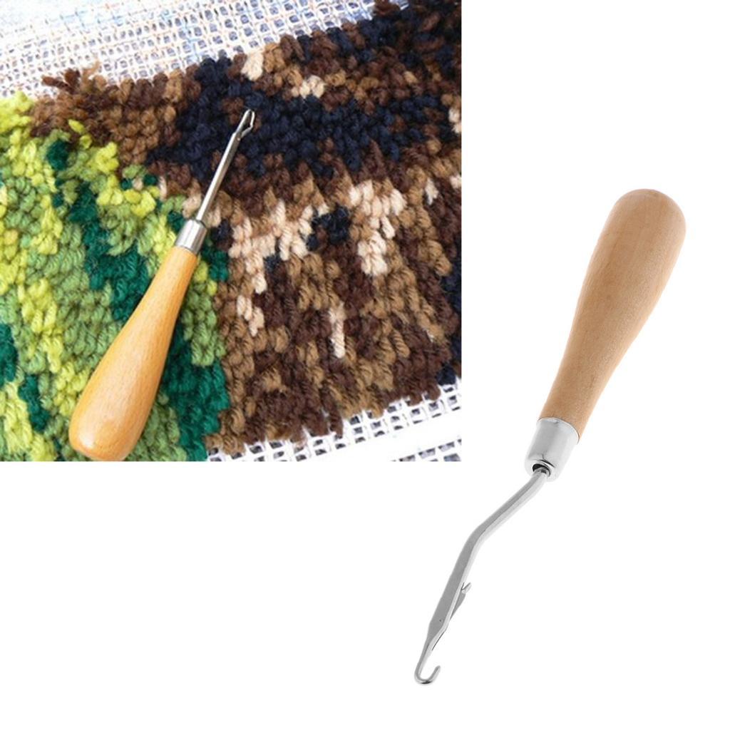 Large Wooden Handle Latch Hook for Rug Crafting Bent Metal Crochet Tool for DIY Braided Hair and Knitting Projects