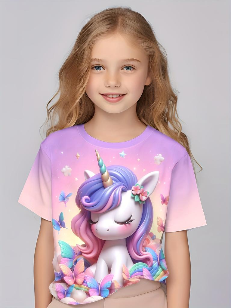 Детская одежда для девочек, симпатичная футболка с короткими рукавами и 3D-принтом, удобный повседневный топ с круглым вырезом