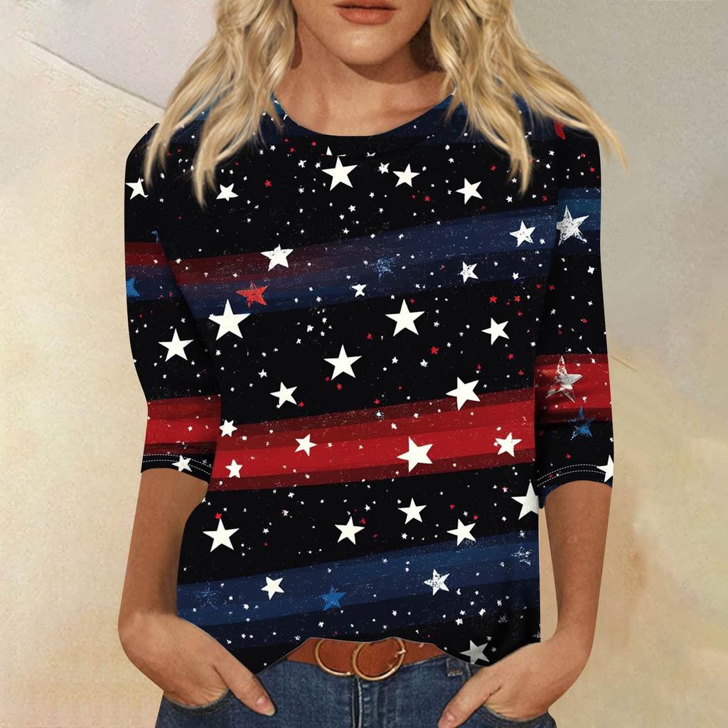 Women's Fashion Casual Seven Sleeve Independence Day Printed Round Neck Top