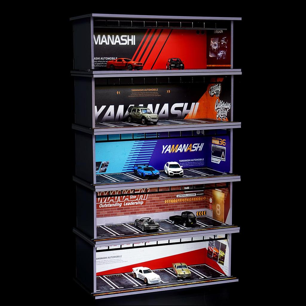 LAHPAVER Tomica Storage Garage, 1/64 Scale LED Parking Garage, Hot Wheels Display Case, Matchbox, Stackable Dustproof Model Garage (Black and Red)