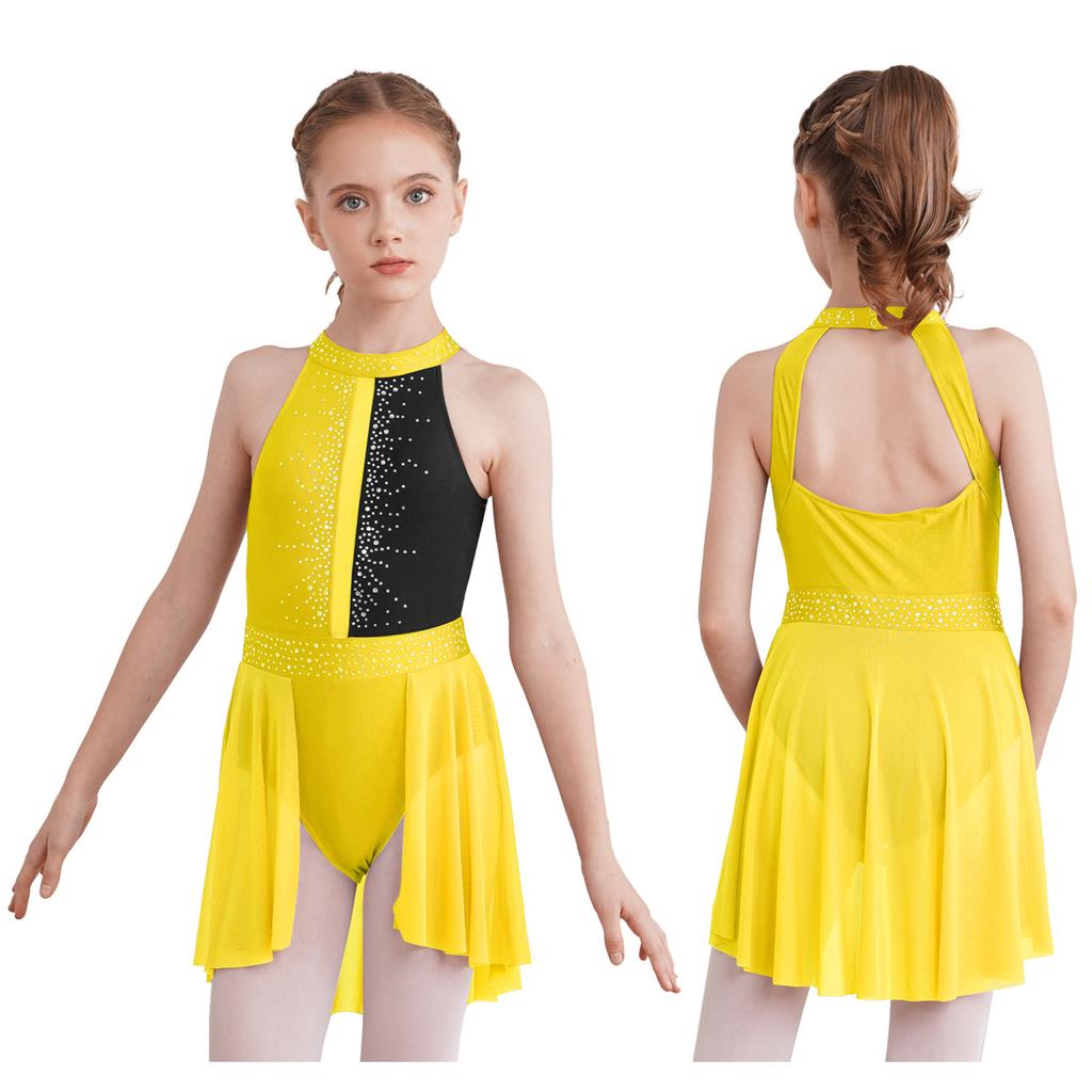 Girls Lyrical Dress Shiny Rhinestone Decor Sleeveless Irregular Hem Dance Leotard Dress Kids Dancewear