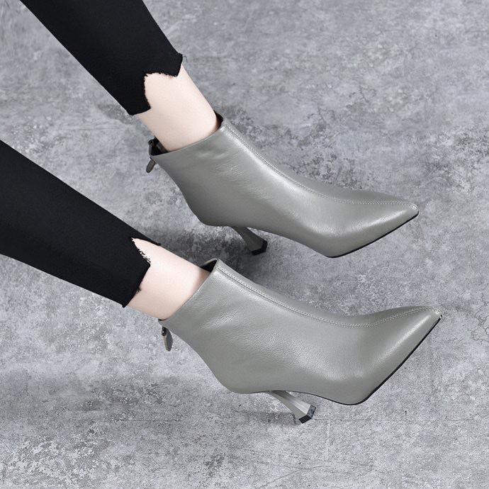 Женские ботильоны на шпильке с острым носком, модные короткие ботинки, осенние новые ботинки с открытой щиколоткой, из коровьей кожи первого слоя, с задней молнией, женские кожаные ботинки