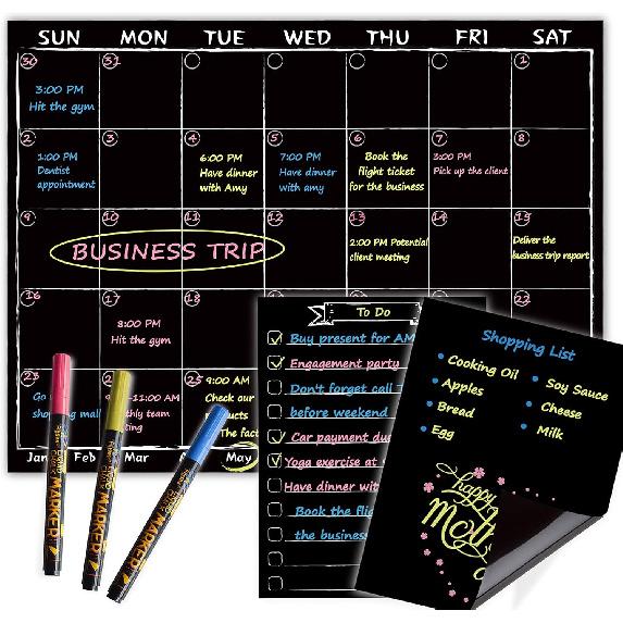 Magnetic Chalkboard Monthly Calendar with neon Bright Liquid Chalk Markers – Black Refrigerator Monthly Planning Board w/Bonus - Grocery List and