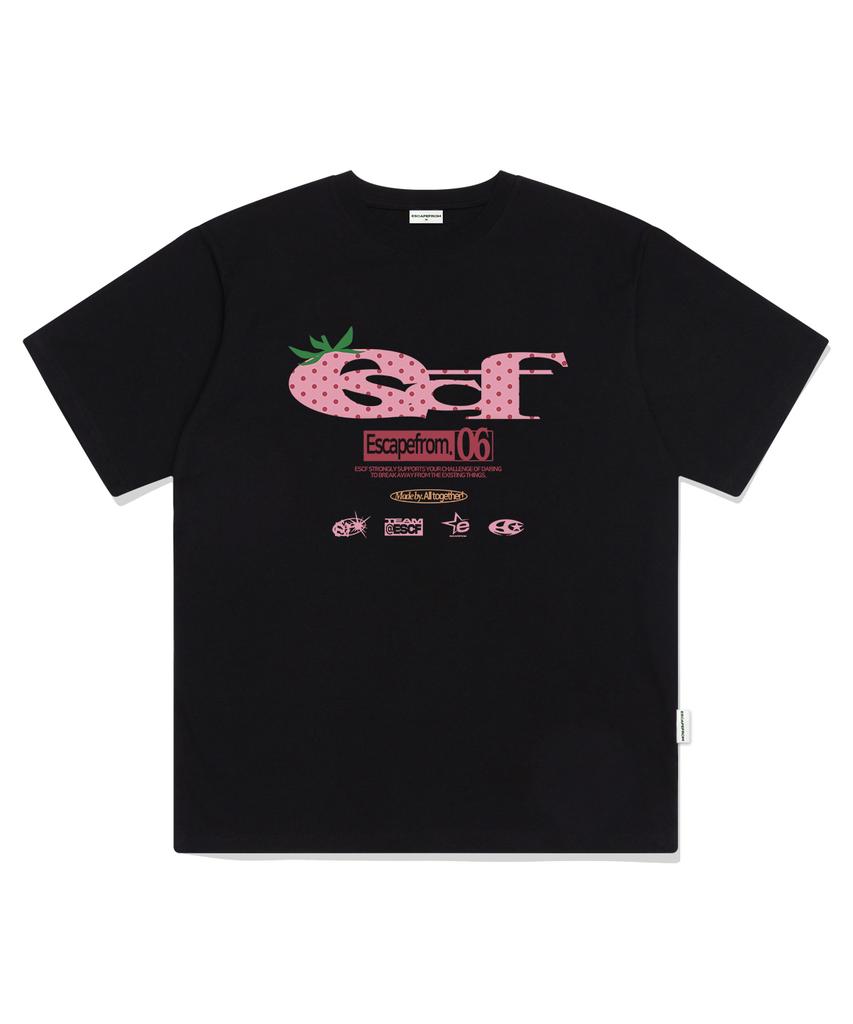 ESCAPEFROM Strawberry Dot Escf Logo Collage Print Oversized Short Sleeve T-Shirt Black