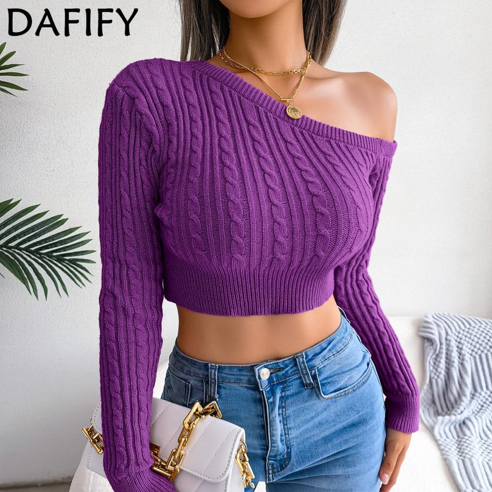 DAFIFY Women's Fashion Casual Solid Color Print Fall Winter Long Sleeve O Neck Sweaters