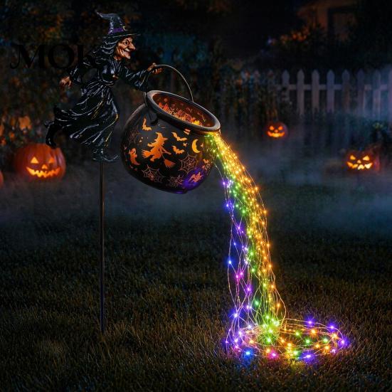 Halloween Landscaping Atmosphere Light Witch Cauldron Garden Light, Metal Yard Stake with LED String Front Holiday Accessories Lights, Waterproof Pot