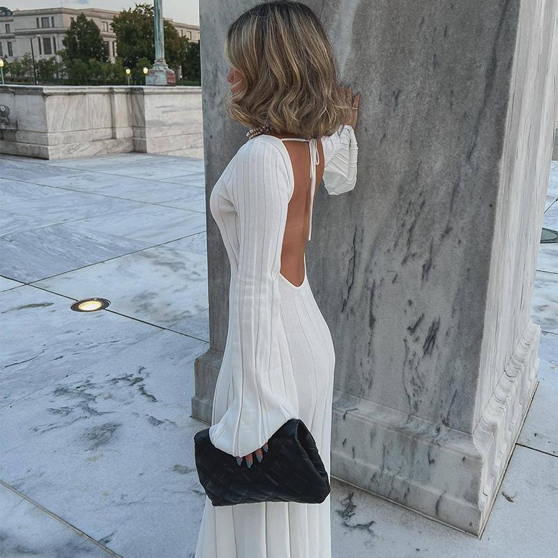 Вязаное платье с длинным рукавом и открытой спиной для женщин, летнее тонкое трикотажное платье с высокой талией, длинные платья, женское вечернее модное элегантное вечернее платье для отдыха