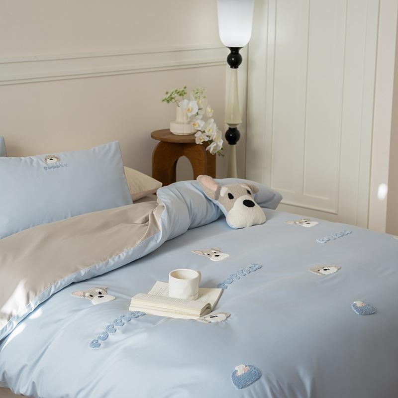 Egyptian Cotton Cute 3D Animal Embroidery Bedding Set Ultra Soft Comfortable Duvet Cover Elastic Fitted Sheet Pillowcases