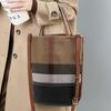 High-end Canvas Hand-held Bucket Bag with Cowhide Women's Bag New Korean Style Check Color-blocking Crossbody Bag