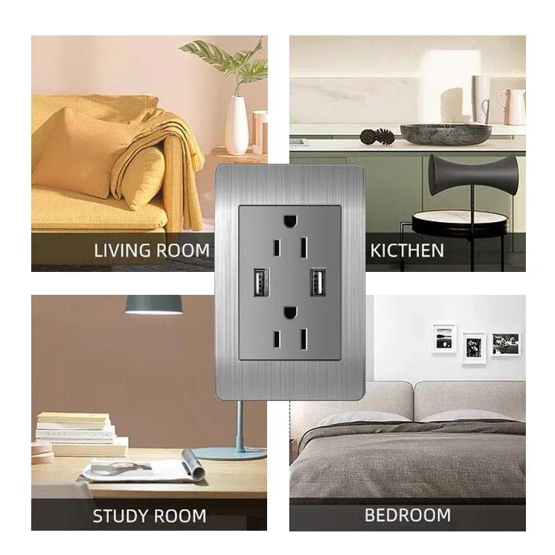 Американский стандарт настенный выключатель света розетка универсальная вилка с usb американская нержавеющая сталь 2-канальная панель розеток 118*74 м компьютер