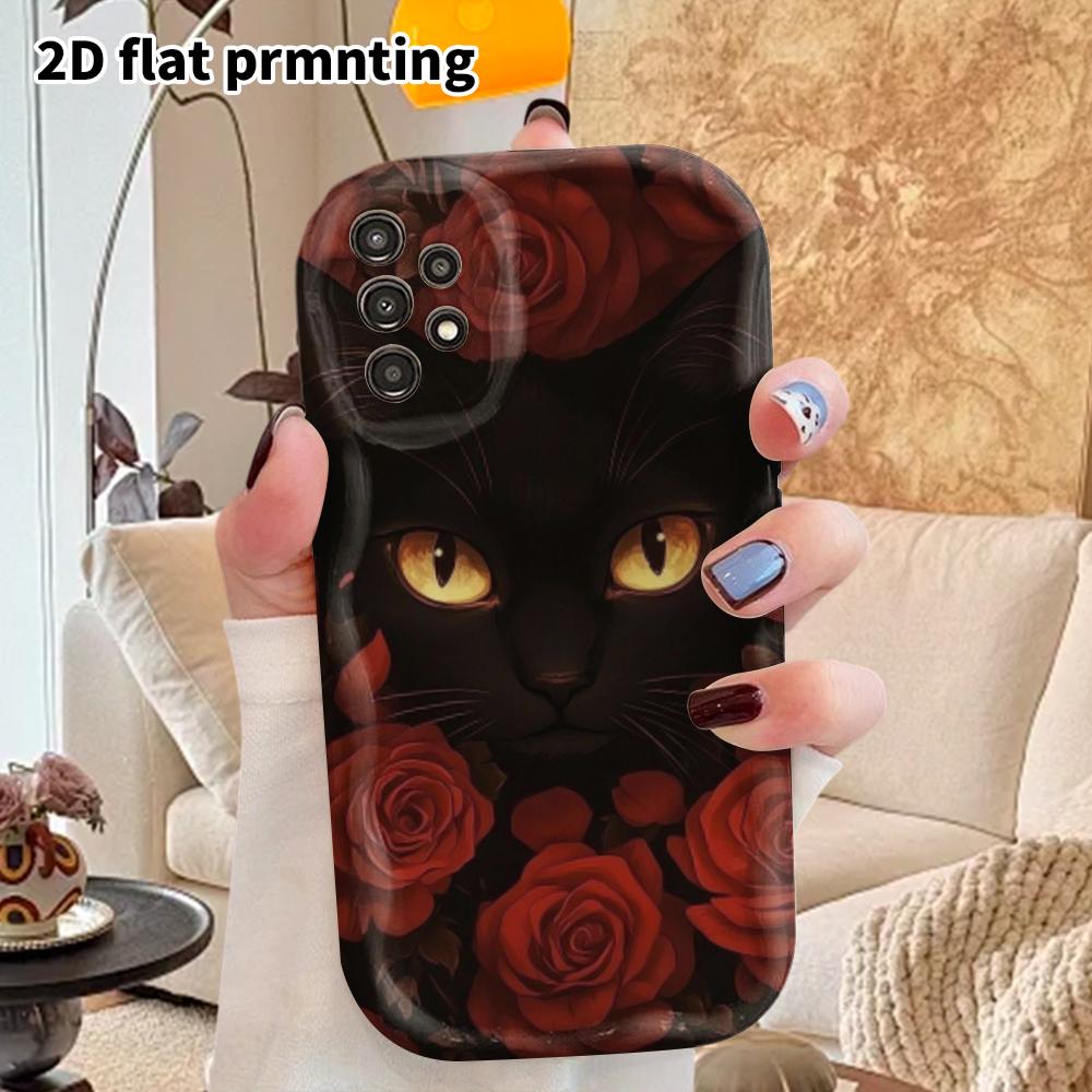 Phone Case: 2D Flat Samsung Galaxy A34 A35 M05 M06 S20 S22 S21 FE Plus 5G Protective Case, Couple Style, Dark Black Cat, Christmas and Halloween Gift