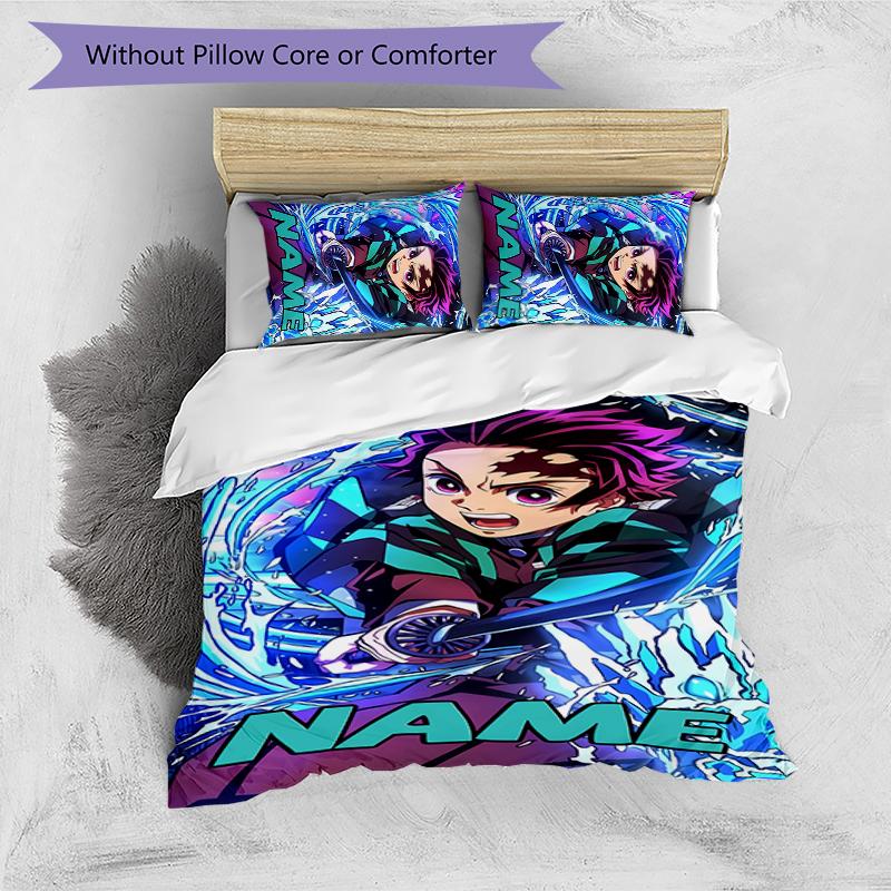 3pcs Custom Name Demon Slayer Tanjiro Bedding Set Duvet Cover Closure Includes 1 Duvet Cover & 2 Pillowcases for All Seasons Bedroom Decor