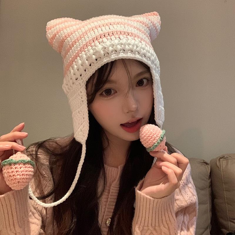 Abi Hat Women's Autumn and Winter Cute Cat Ears Wool Hat Versatile Face Small Warm Knitted Hat
