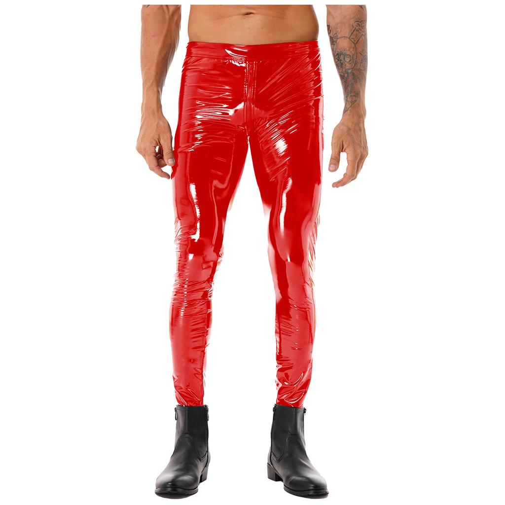 Mens Two Way Zipper Pants Wet Look Patent Leather Skinny Fit Clubwear