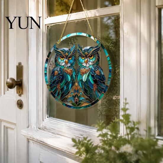 Home Window Decor Double Owl Suncatcher Hanging Ornament, Stained Glass Style Circular Wall Elegant Bird Decor, Green Art for Porch Garden Decoration