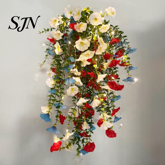 Fade Resistant Decor Patriotic Hanging Basket, Red White Blue Artificial Flowers for America's Flower Basket 250th Anniversary, UV Outdoor Indoor