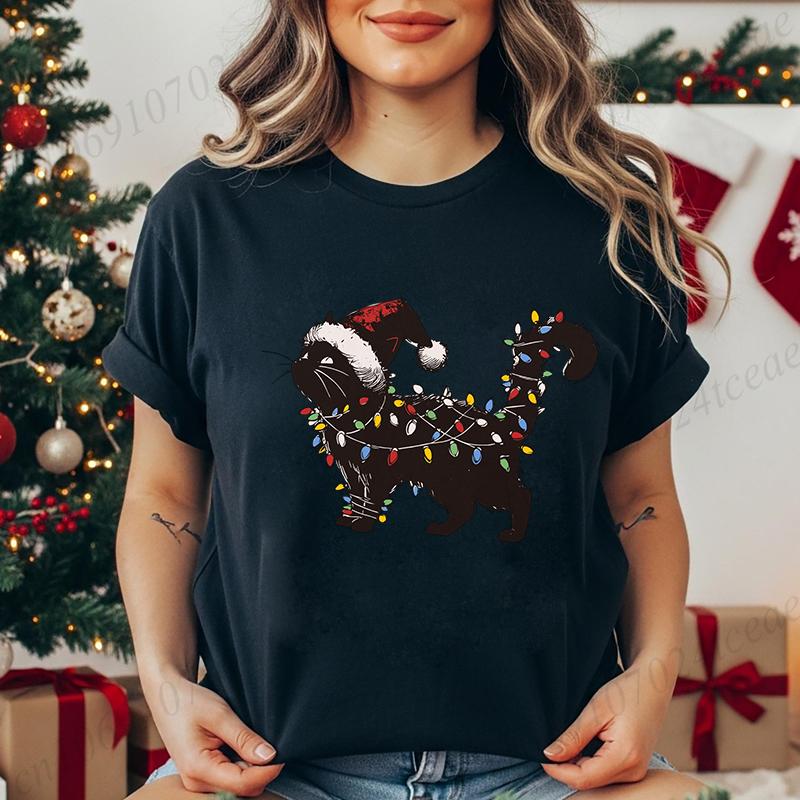 Woman Cute Cat Christmas Graphic Print T-shirt Holiday Tee Shirts Casual O Neck Fashion Short-sleeve Soft Cat Mom Creative Tops