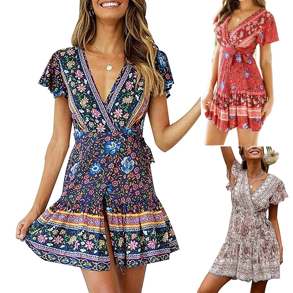 V-neck Sexy Tight-fitting Ruffle Dress Bohemian Style Small Fresh Print Dress
