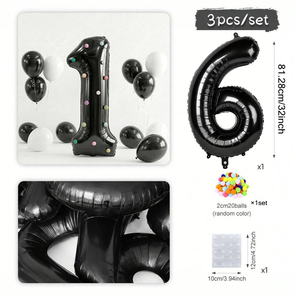 32 inch black digital balloon set 0-9 with colored felt ball decoration for decorating birthday parties and anniversaries