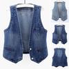 Ladies Denim Vest Sleeveless Loose V Neck Double Buttons Solid Color Vintage Firm Stitching Hip Hop Streetwear Lady Fall Spring Waistcoat