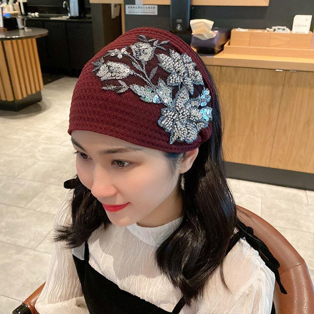 Makeup Sequin Wool Knitted Hair Accessories Women Hairband Flower Hair Hoop Korean Style Headband