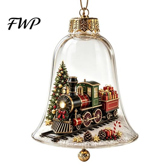 Clear Acrylic Christmas Ornaments 3D Bell Ornament, Winter Scene Decoration with Santa Immersive Wonderland Snowman Reindeer Angel Tree Inside