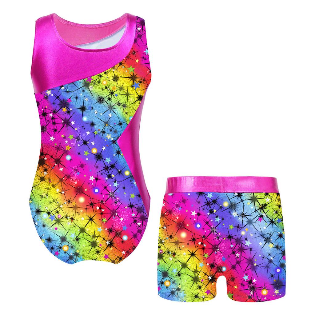 Kids Girls Gymnastics Yoga Dance Sport Sets Fancy Print Leotard and Shorts Dancewear Outfits