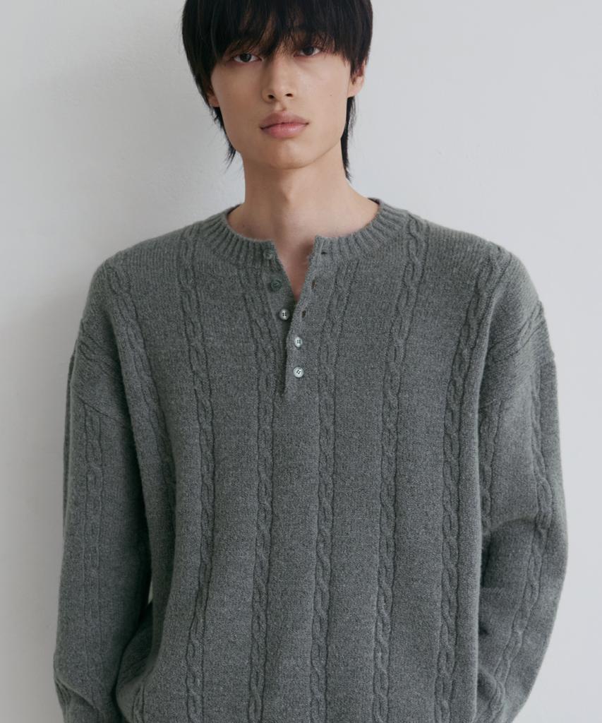 NODU Soft Henley Neck Round Long Sleeve Knit [Gray]