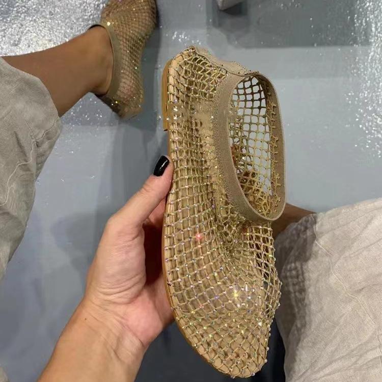 Summer New Round Toe Sandals with Hollowed Out Diamond Inlaid Short Boots Summer Sexy Oversized Flat Shoes