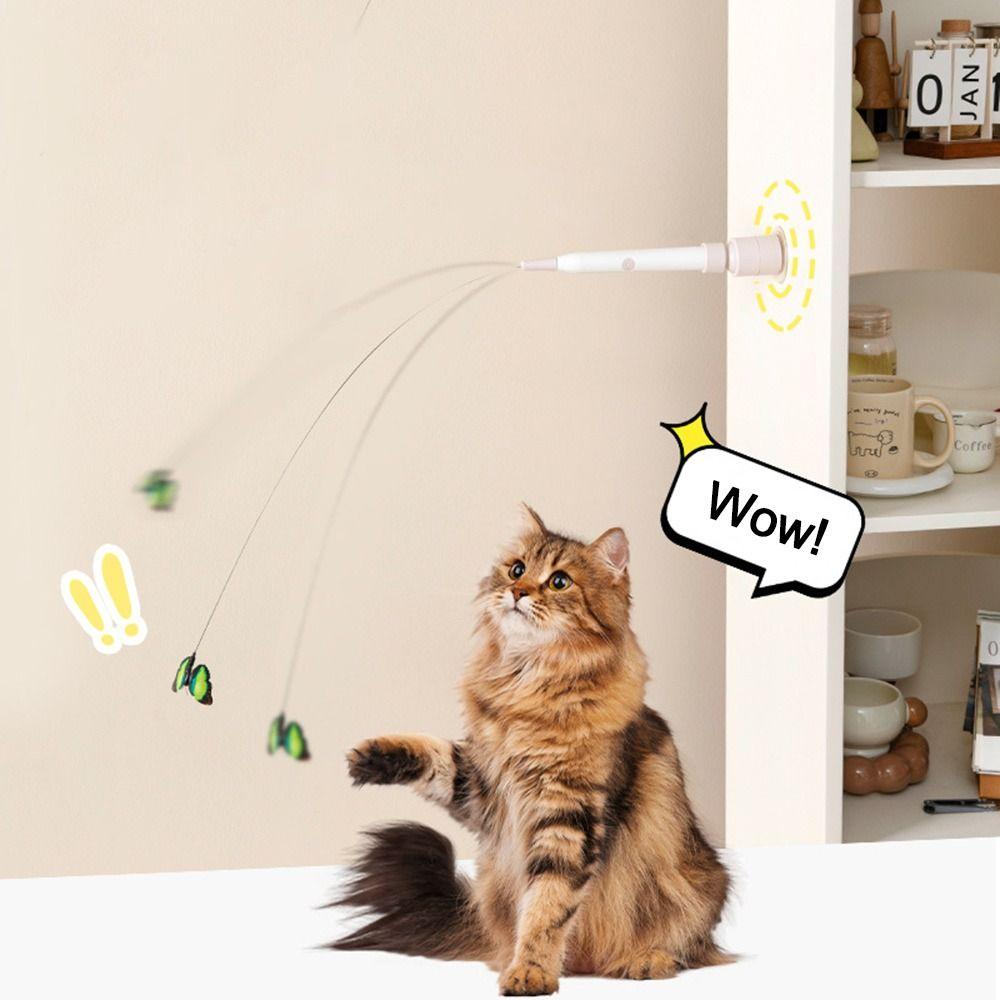 Switchable Butterfly Pattern Cat Teasing Stick Interactive Toy Removable Handle Automatic Cat Teaser 360° Swivel