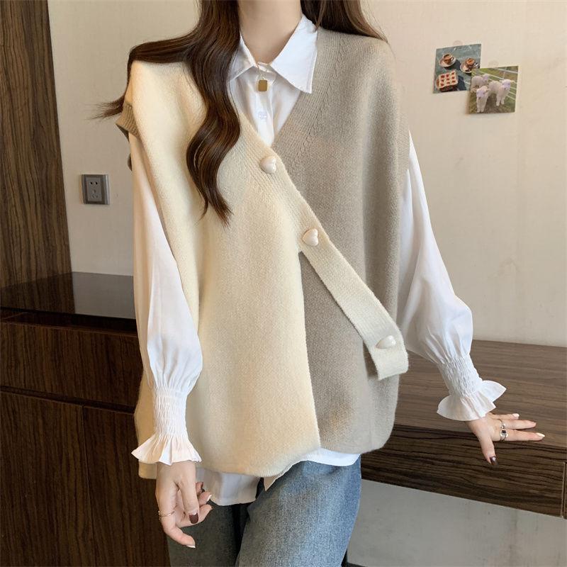 Весна и осень контрастный цветной свитер жилет с вышивкой для женщин дизайн нерегулярный свободный и тонкий безрукавный трикотажный жилет женский