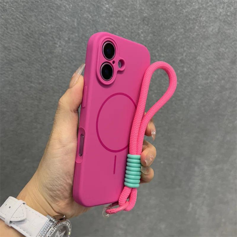 Оригинальный чехол Candy из жидкого силикона с MagSafe для iPhone 17 16 15 14 13 12 Pro Max, мягкий, противоударный, с магнитной ремешком-шнурком