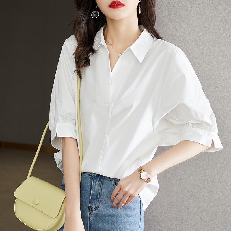 White Shirt Women's Middle Sleeve Summer Clothing Korean V-neck Pullover Top Fashionable and Elegant Commuting Temperament Pure Cotton Shirt