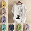 Women's Fashion Round Neck Short Sleeve T-shirt Casual Cotton Linen Graphic Shirt Leisure Loose Black Cat Prined Summer Blouse Tops
