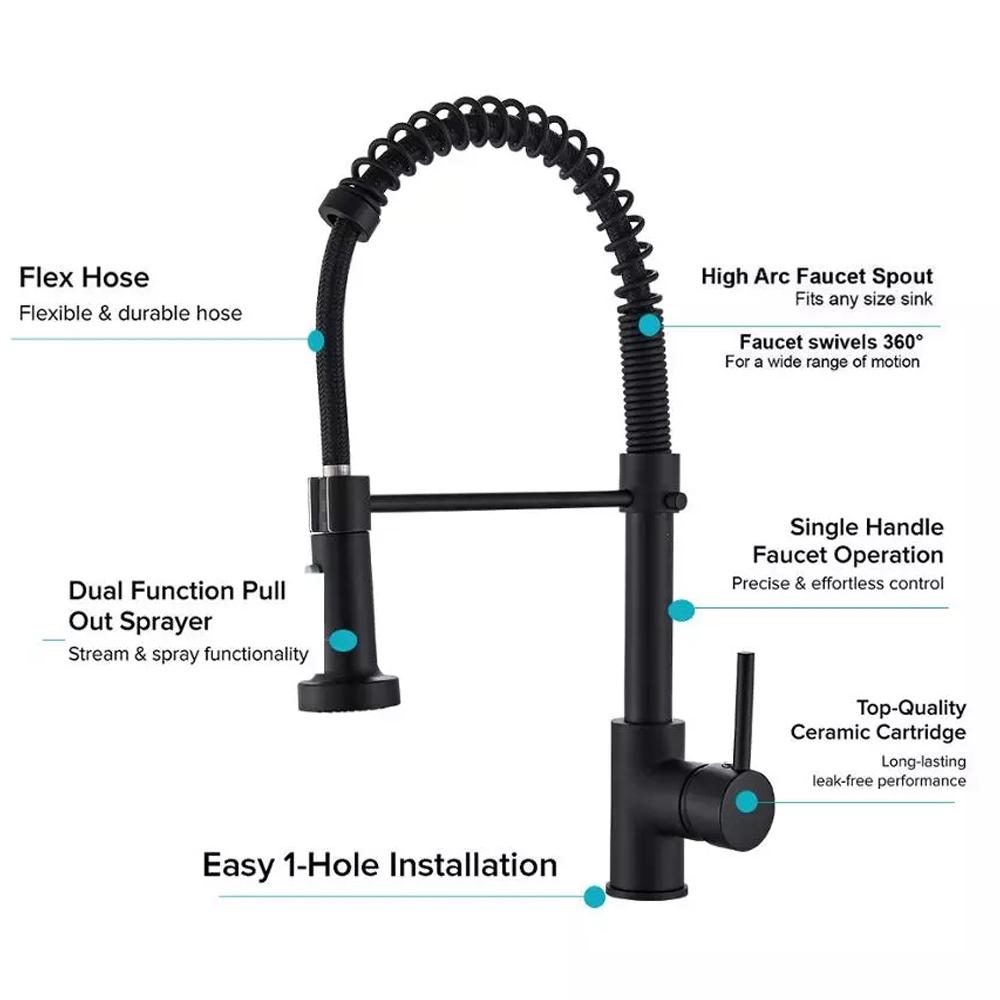 Матовый черный выдвижной кухонный смеситель, хромированный двойной режим, насадка, смеситель для горячей и холодной воды, кран-кран, латунные пружинные смесители для кухонной мойки